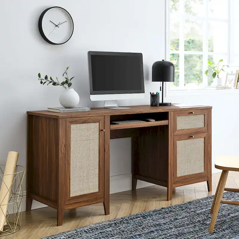 63-inch Office Desk with Rattan Weave and Storage