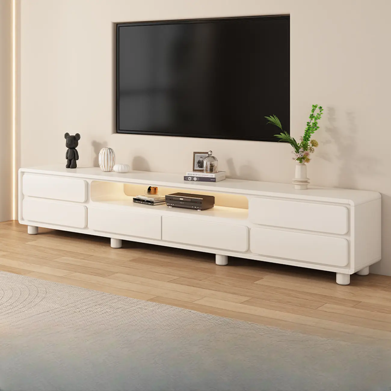 Modern White Wood TV Stand with 6 Drawers and Storage