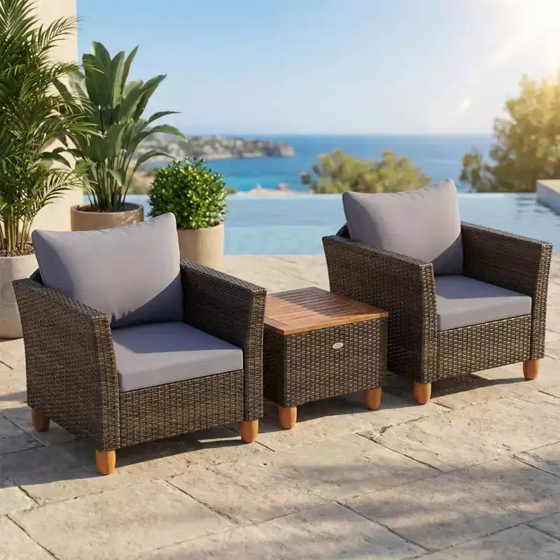 Gymax 3 PC Outdoor Patio Rattan Bistro Set w/ Cushioned Sofas and Durable Wooden Tabletop for Balcony Garden Patio Gray/Black