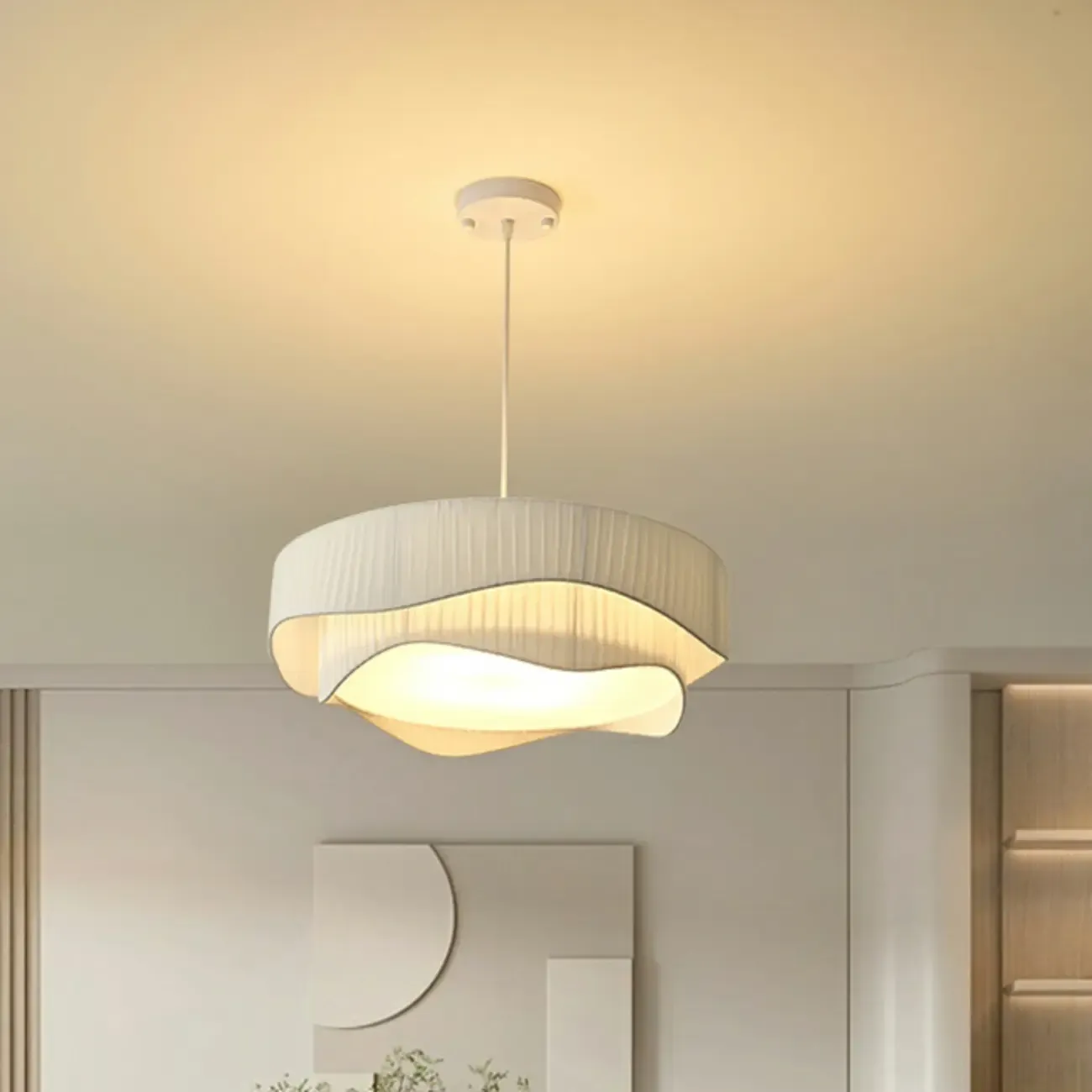 Modern White Tier Fabric Drum Chandelier with Adjustable Height