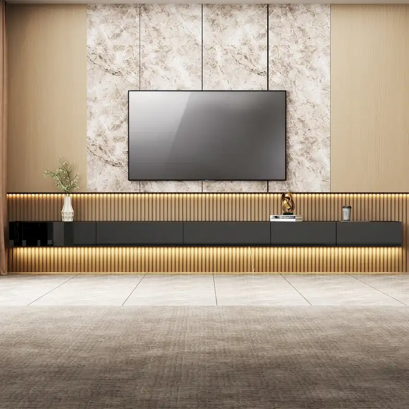 Black High-Gloss Wall-Mounted Floating TV Cabinet with LED Lights