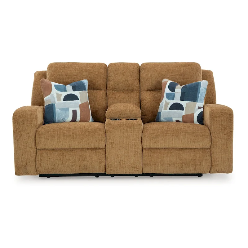 Damon Double Reclining Loveseat, Camel Brown Polyester, 2 Pillow