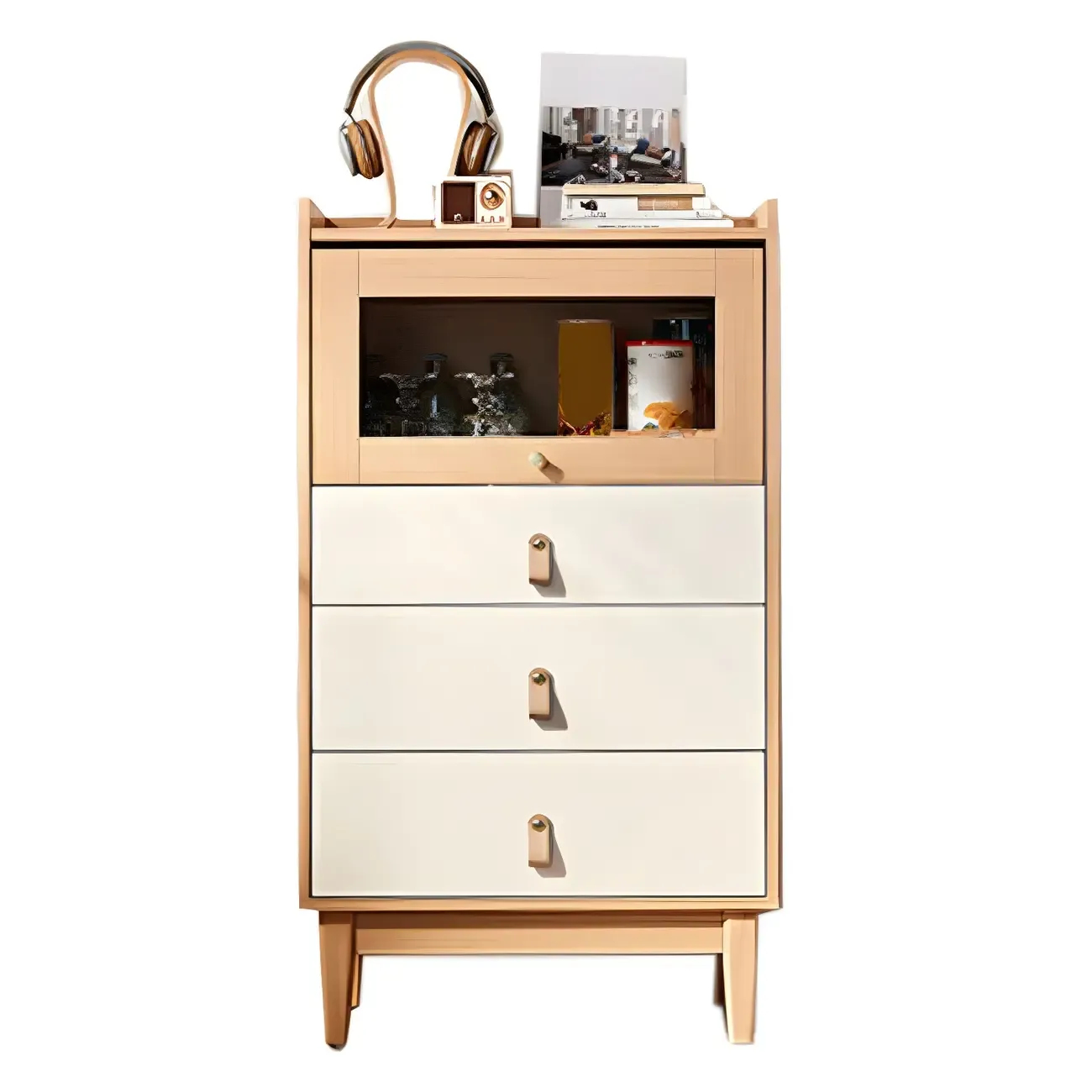 Durable Natural Finish Light Wood and Glass Drawers Dresser