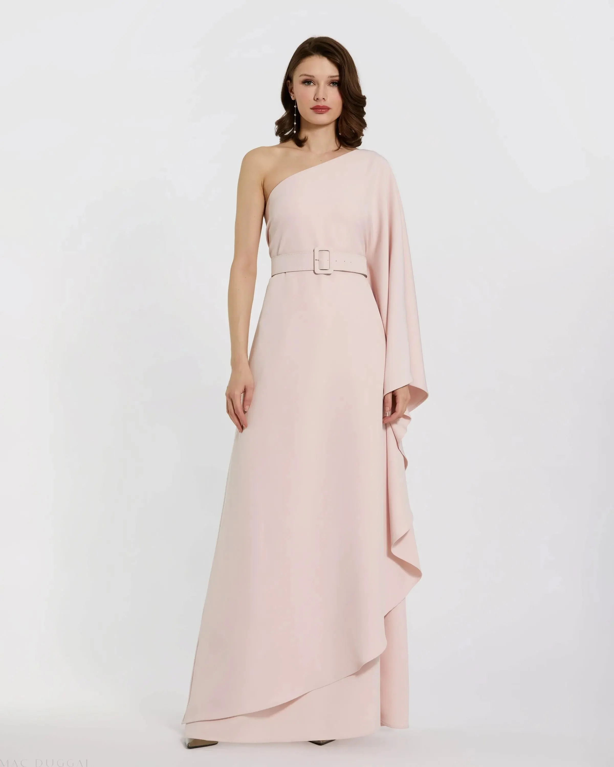 Pink Crepe One Sleeve Belted Kaftan Dress