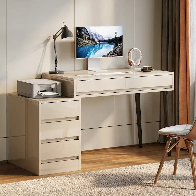 Reversible Computer Desk with 5 Drawers & Printer Stand – High Gloss White