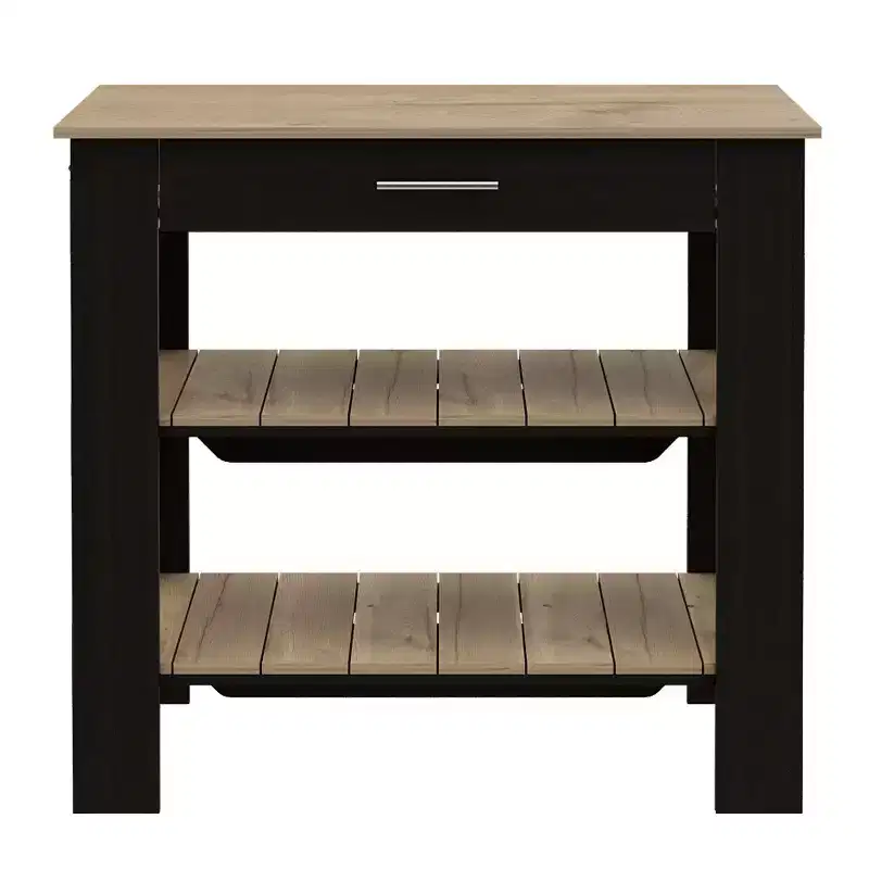 Okak Modern Kitchen Island with 2 Open Storage Shelves, Countertop Organizer with Drawer and Towel Hanger, Kitchen Island Table for Dining Room, Black