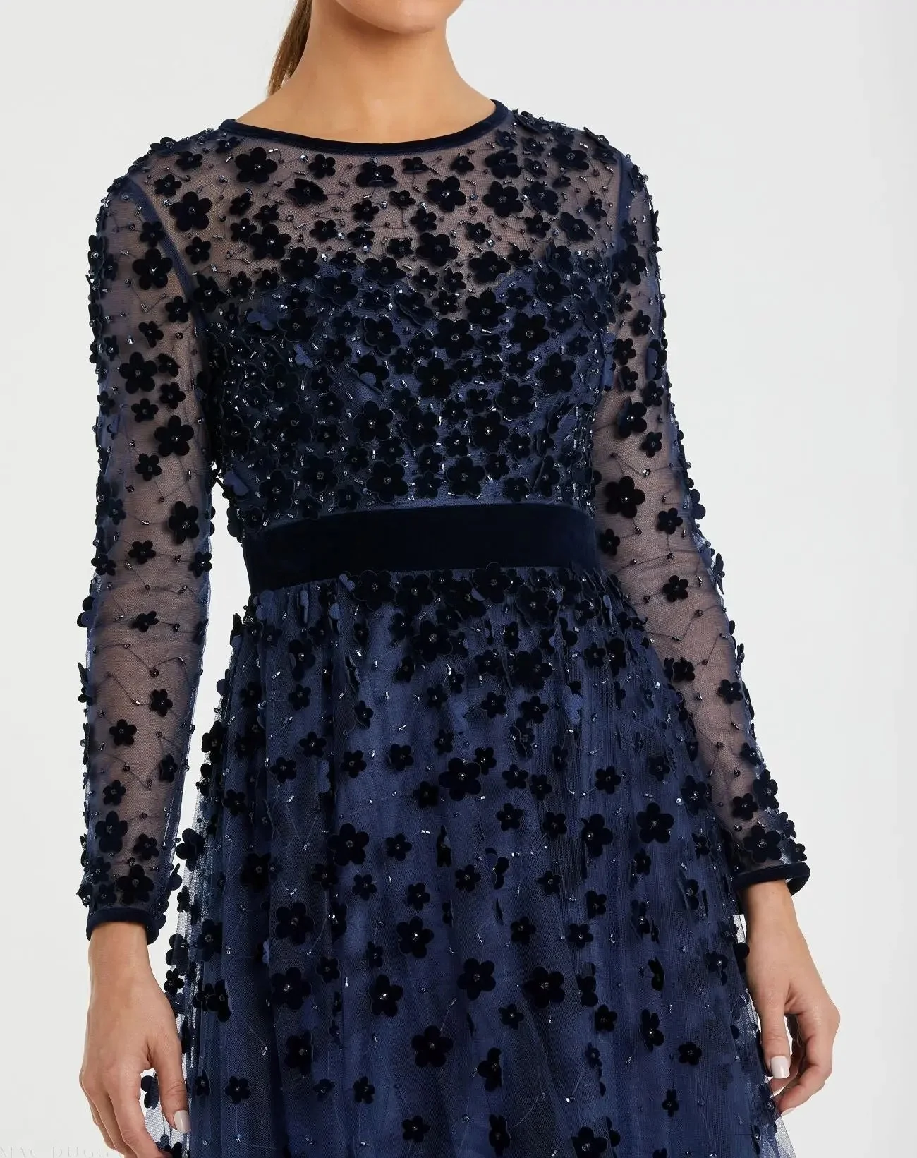 Navy Velvet Embellished Illusion Long Sleeve A-Line Midi Dress