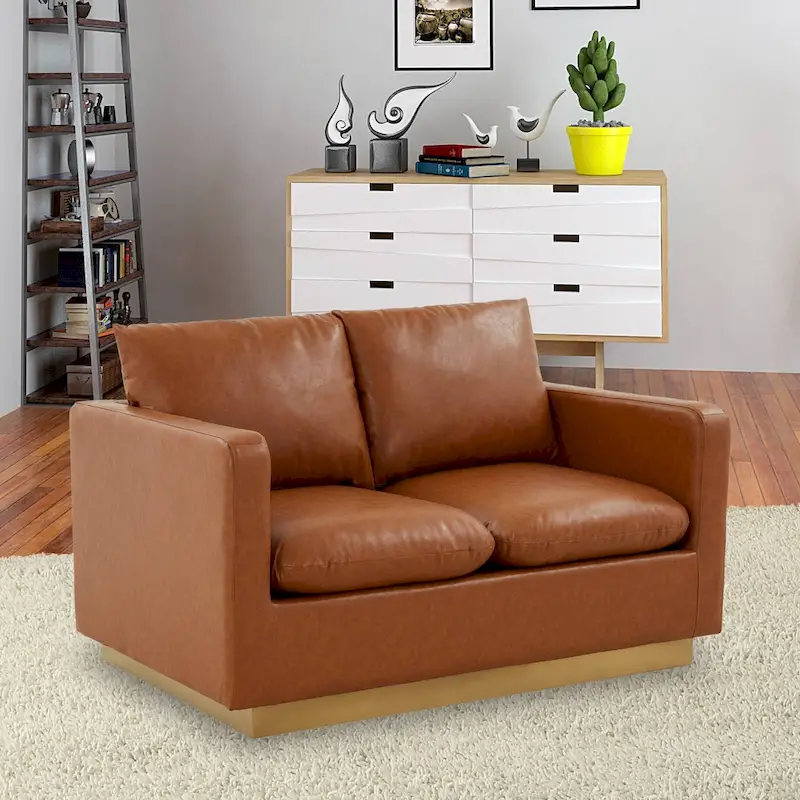 LeisureMod Nervo Modern Leather Loveseat With Gold Base & Cushions - 55.9