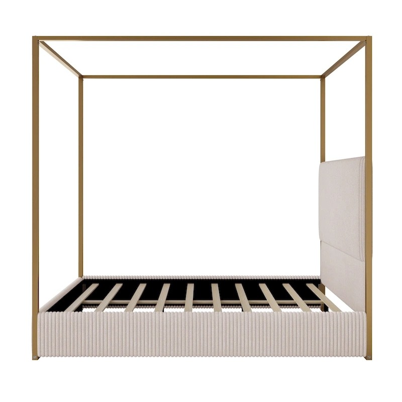 Modern Luxury Metal Canopy Bed with Tall Upholstered Headboard & Four Poster