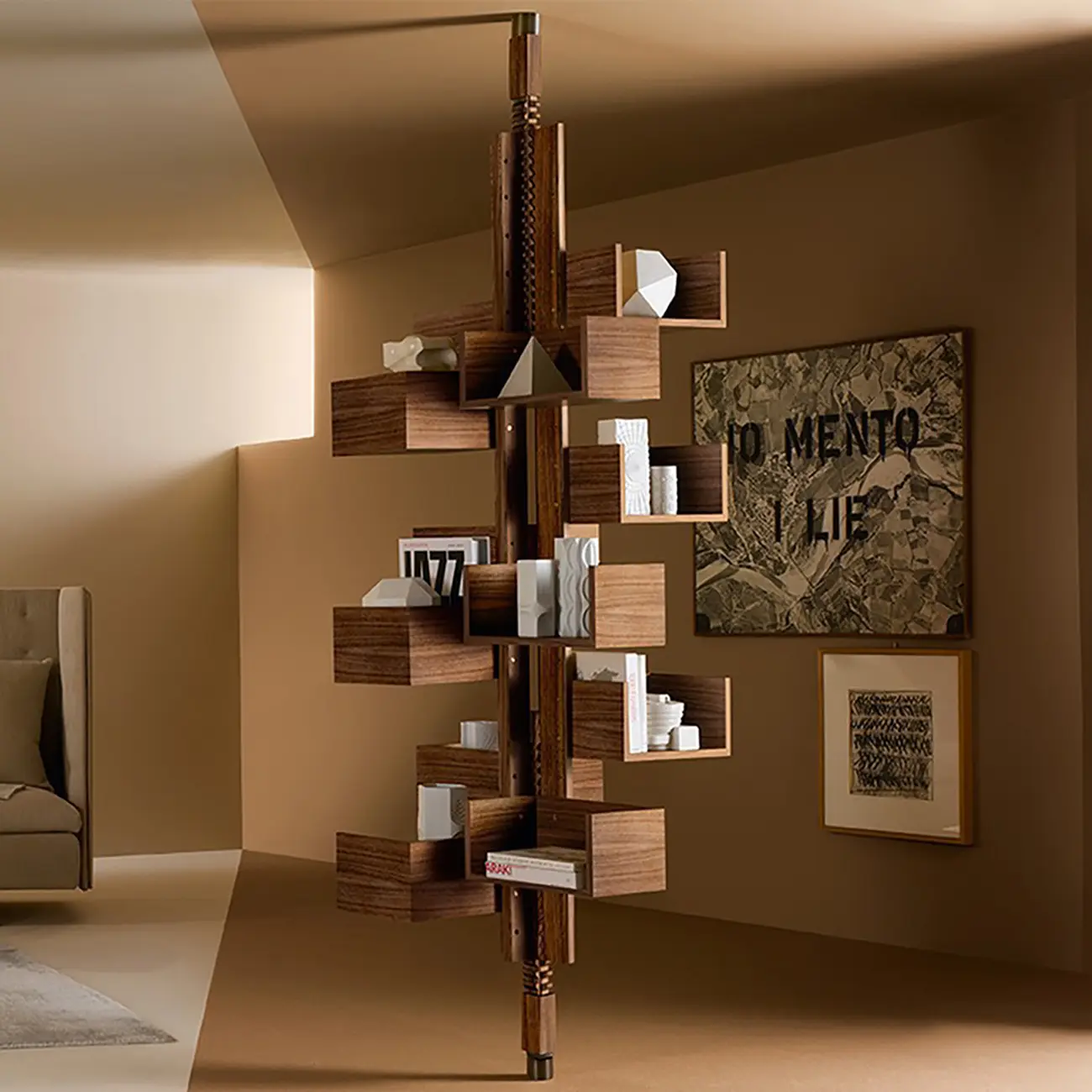 Swivel Vertical Nut Brown Wood Bookcase with Closed Back