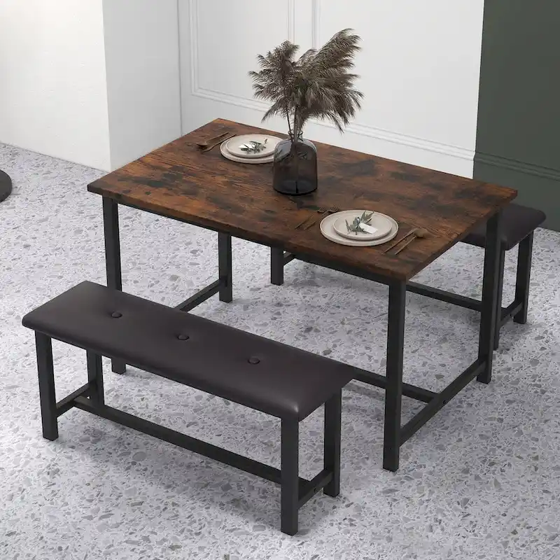 Rectangular Dining Table Set for 4 People with 2 Upholstered Benches