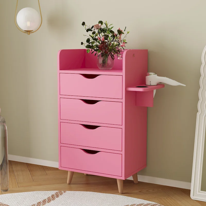 4-Layer Salon Storage Cabinet, 4 Drawers, 2 Dryer Holders, Pink / White, 1-Person Use