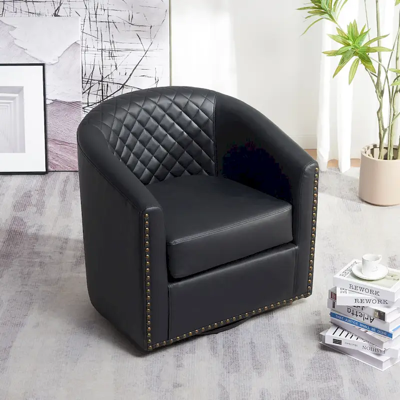 KINWELL 29 Wide Tufted PU Leather Swivel Barrel Chair