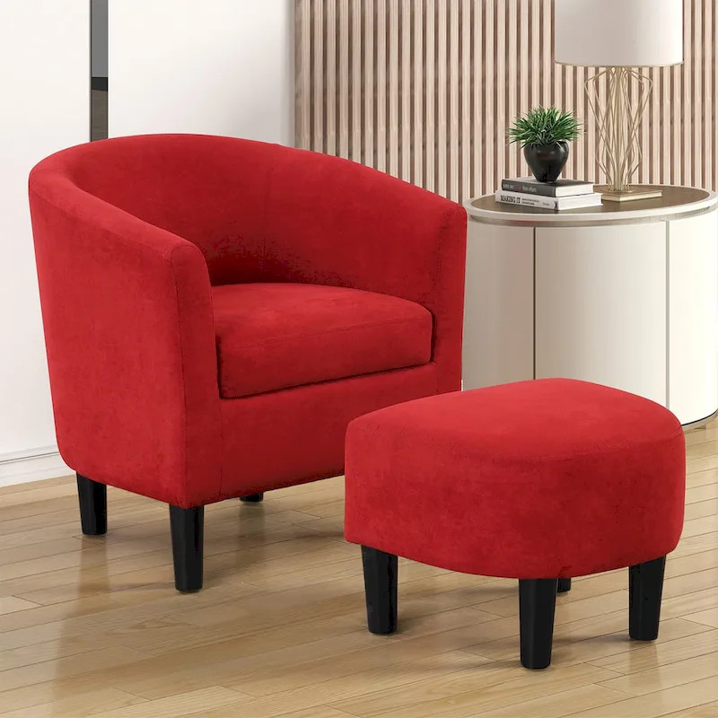 Classic Barrel Accent Chair Upholstered in Soft Polyester Fabric Footrest included