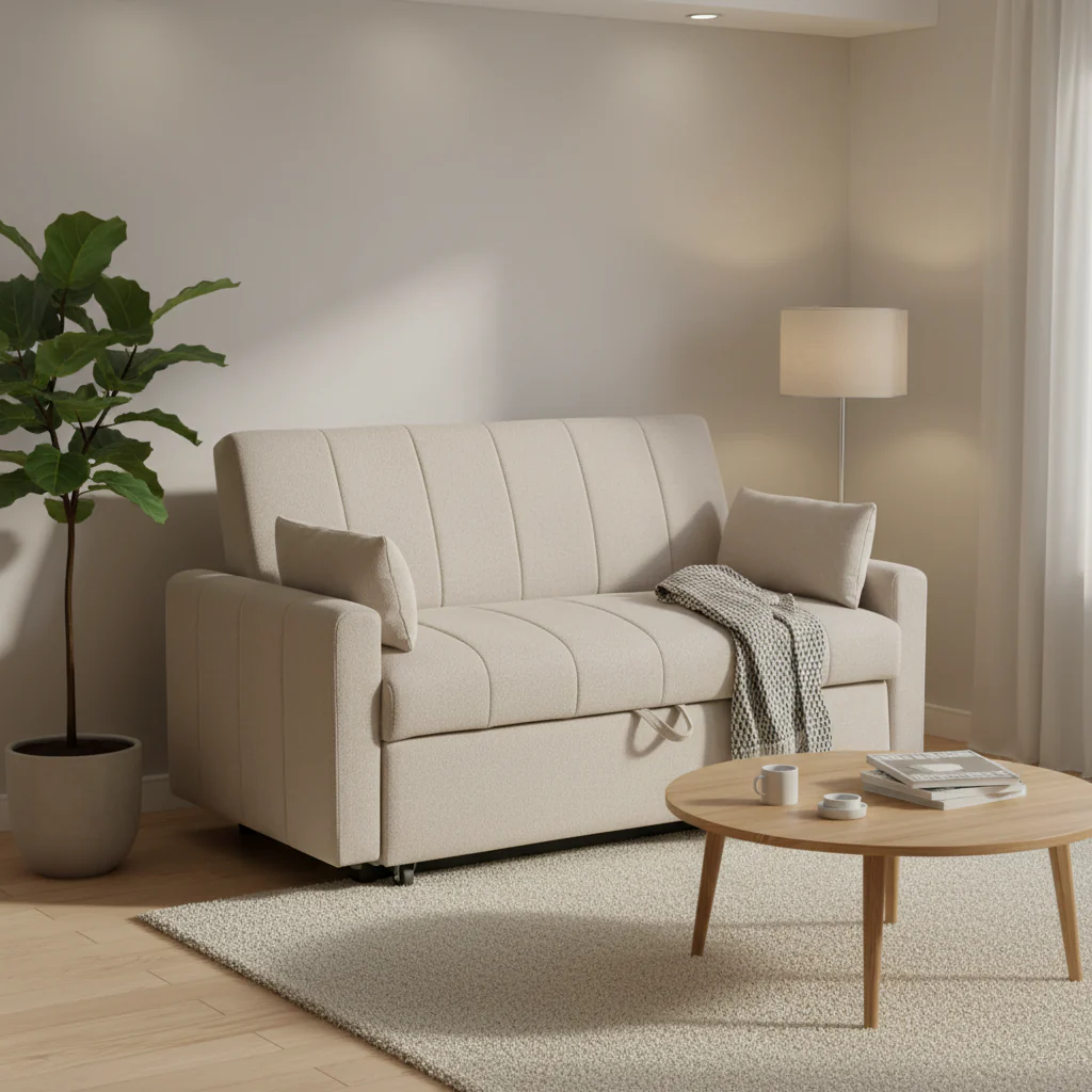 Porta Sleeper Sofa Bed, Latte Ivory Boucle Fabric, Full Size, 60 Inch