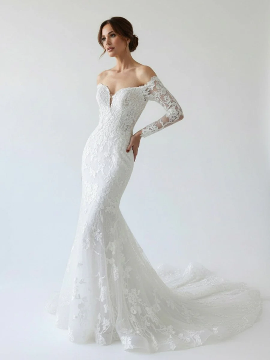 Elegant Mermaid Long Sleeve Off the Shoulder Lace Wedding Dress