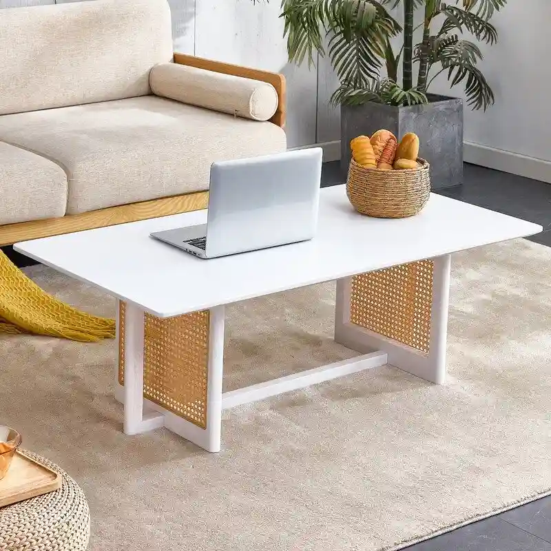 Low Coffee Table with Wood Frame and Rattan-Style Surface
