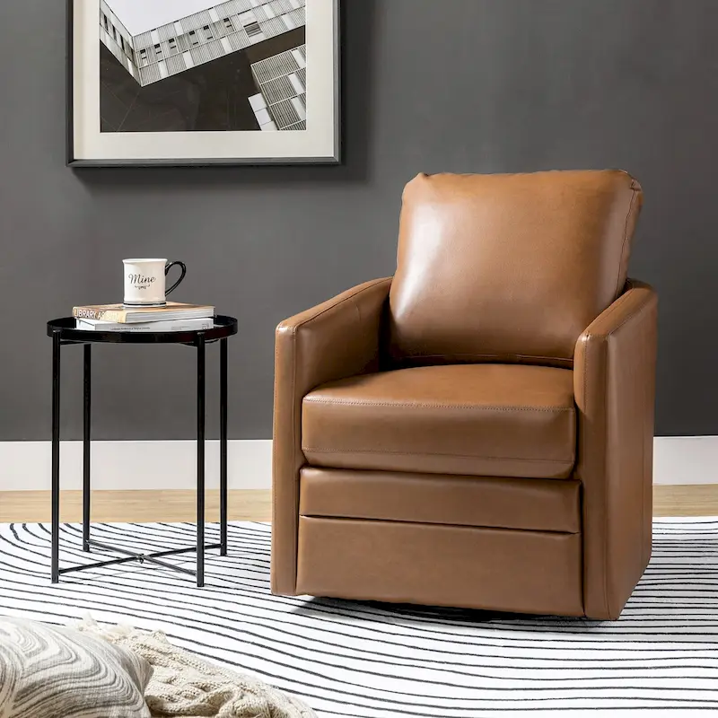 Terrance Transitional Swivel Faux Leather Barrel Accent Chair with Metal Base