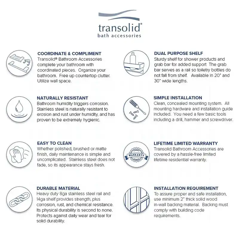 Transolid JGBS20 Jocelyn 20-in Grab Bar Shelf - 20x4x3