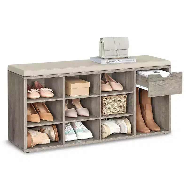 Storage Bench with Cushion, Drawer, and Open Compartments Organize Shoes and Essentials with Ease