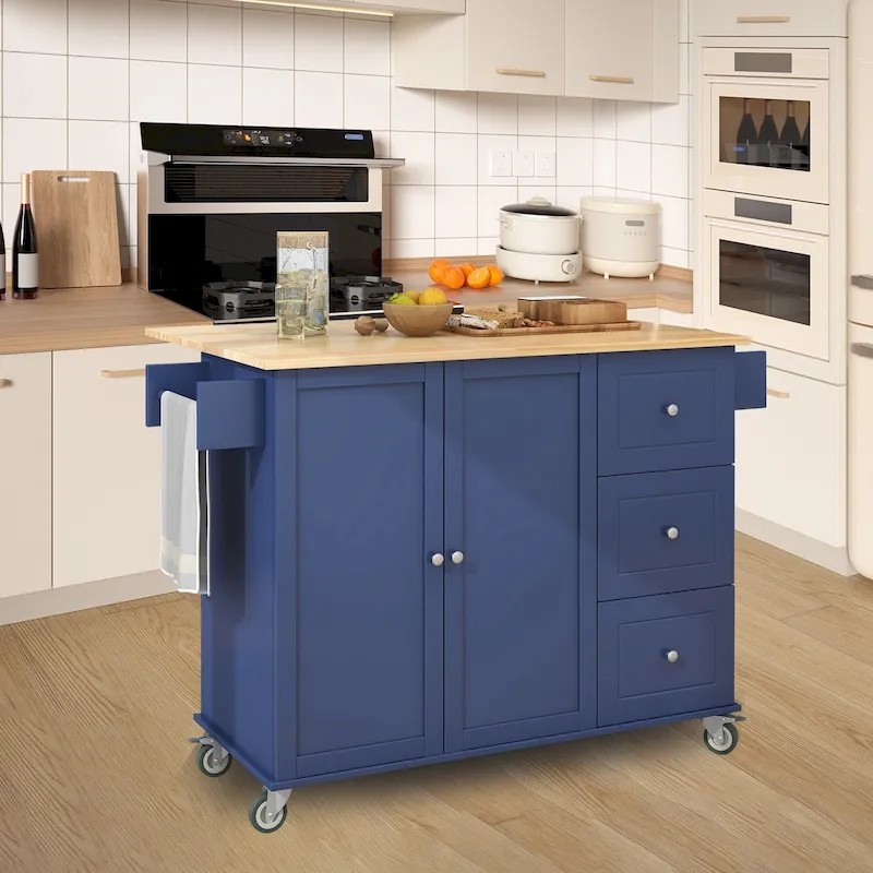 Kitchen Island Cart with Solid Wood Top and Locking Wheels