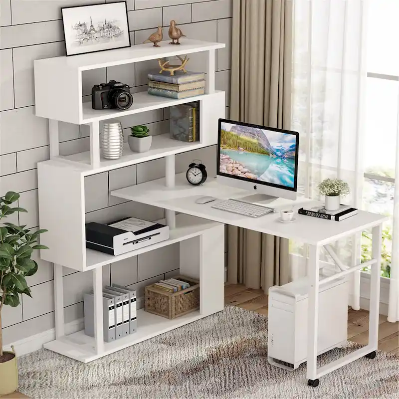 L-Shaped Desk with 5-Shelf Bookcase