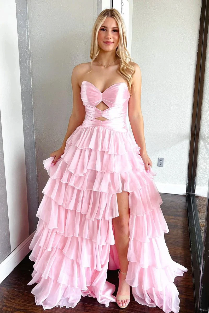 Fuchsia Strapless A Line Chiffon Ruffled Prom Dresses With Cutout