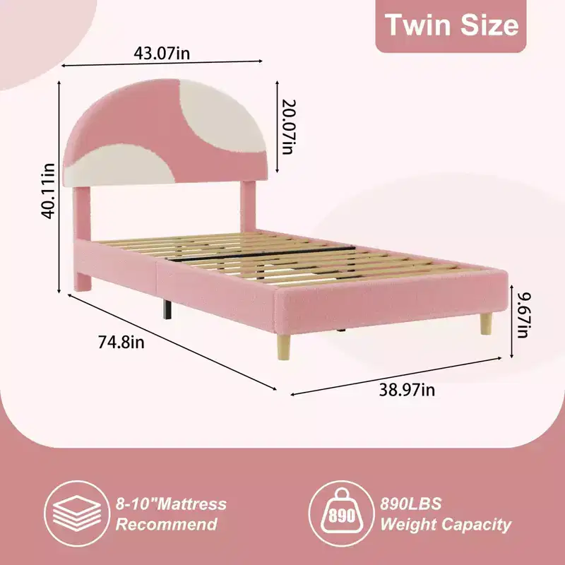 Senfot Twin/Full Bed Frame with Round Pink&White Boucle Headboard - Upholstered Arch Design, Wood Slat Support, No Box Spring Needed, Easy Setup
