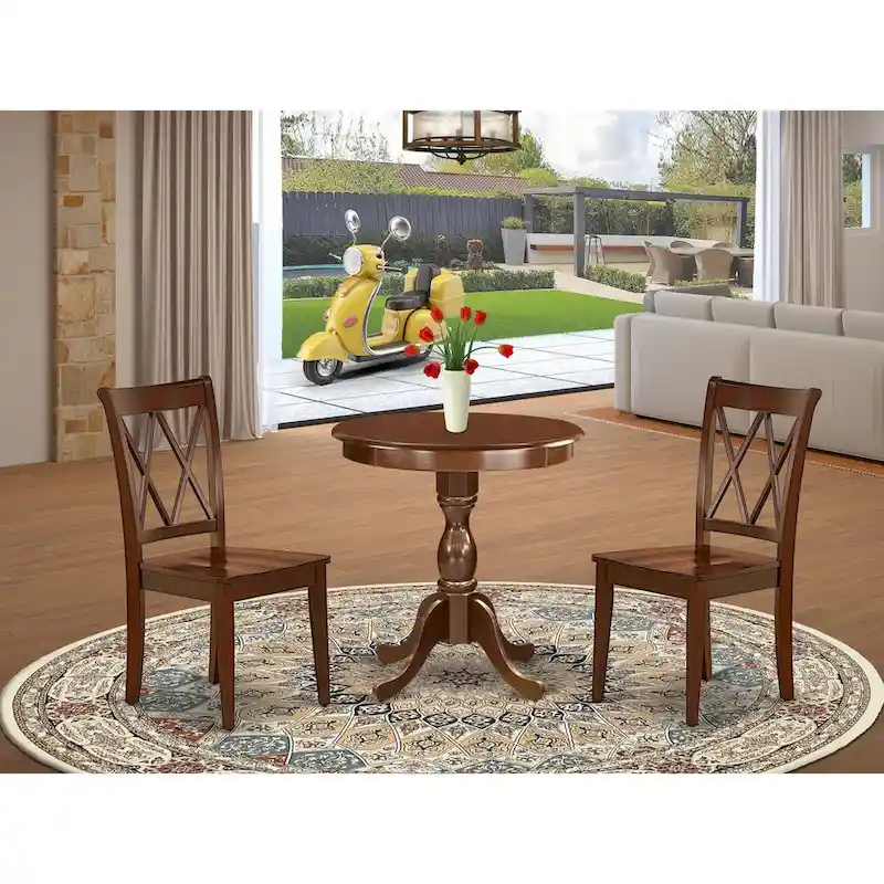 East West Furniture 3 Piece Dining Table Set- a Round Kitchen Table with Pedestal and 2 Dining Chairs, Mahogany(Seat Options)