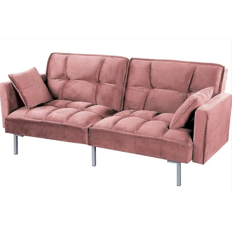 Regal Convertible Sleeper Sofa Bed Velvet Pull Out Couch with Mid-Century Style Tufted Design and Metal Legs