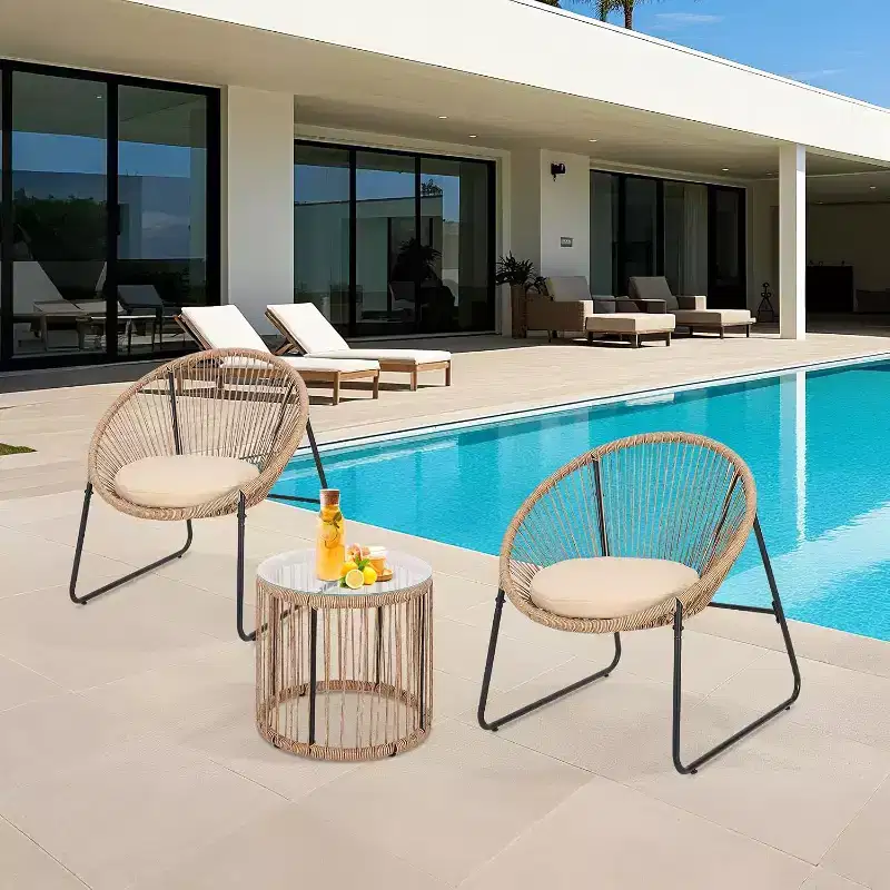 Acekool 3-Piece Acapulco Outdoor Seating Set with Glass Top Side Table and Cushioned Chairs, PE Rattan Patio Bistro Set for Garden & Balcony, Brown