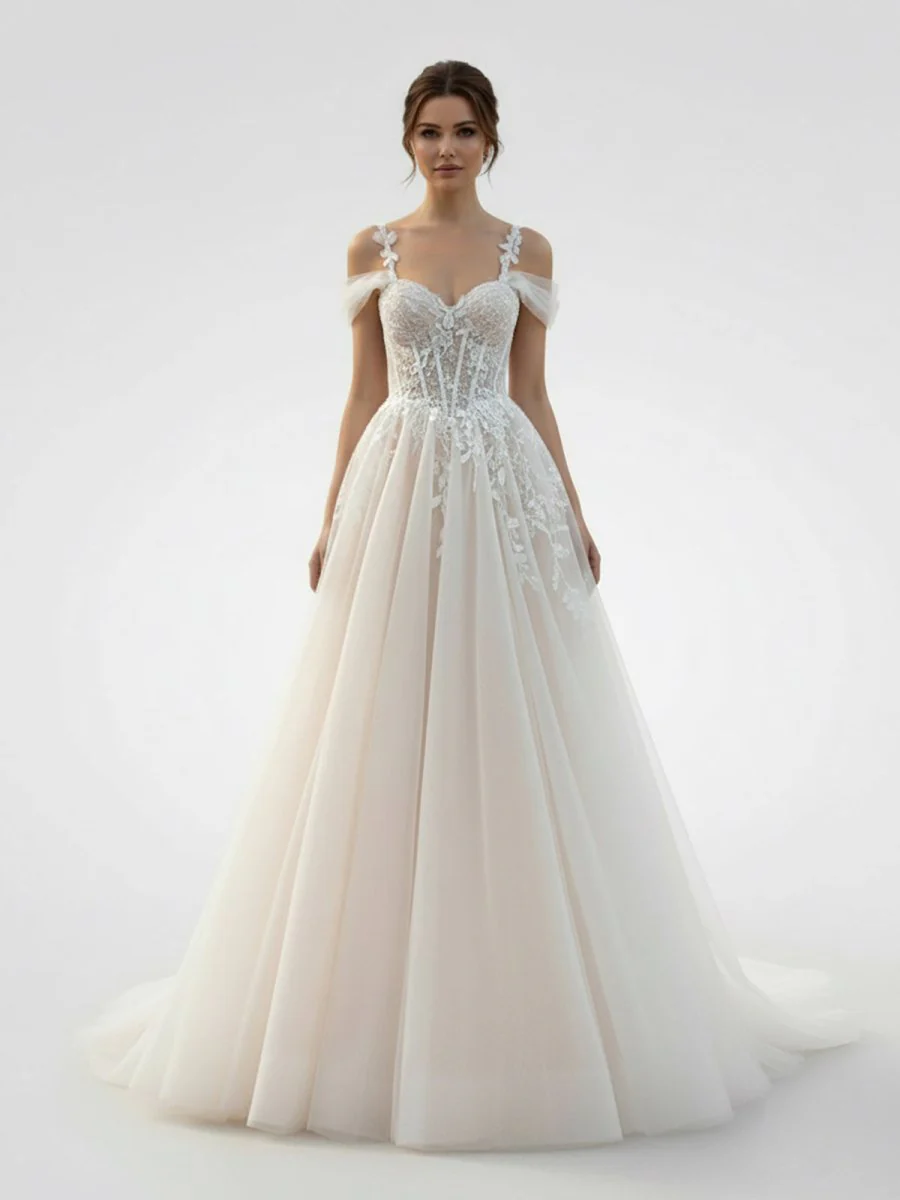 A-Line Off-The-Shoulder Tulle Wedding Dresses With Appliques Lace