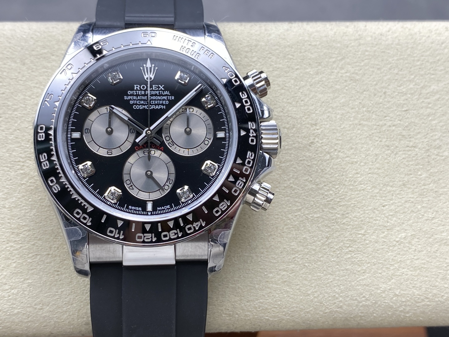 Rolex Daytona super clone with black dial diamond markers and Oysterflex strap
