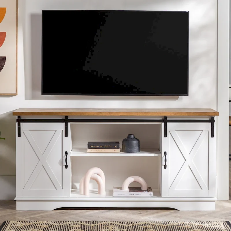 Sliding Barn Door TV Stand - Oak/Grey/White, 58