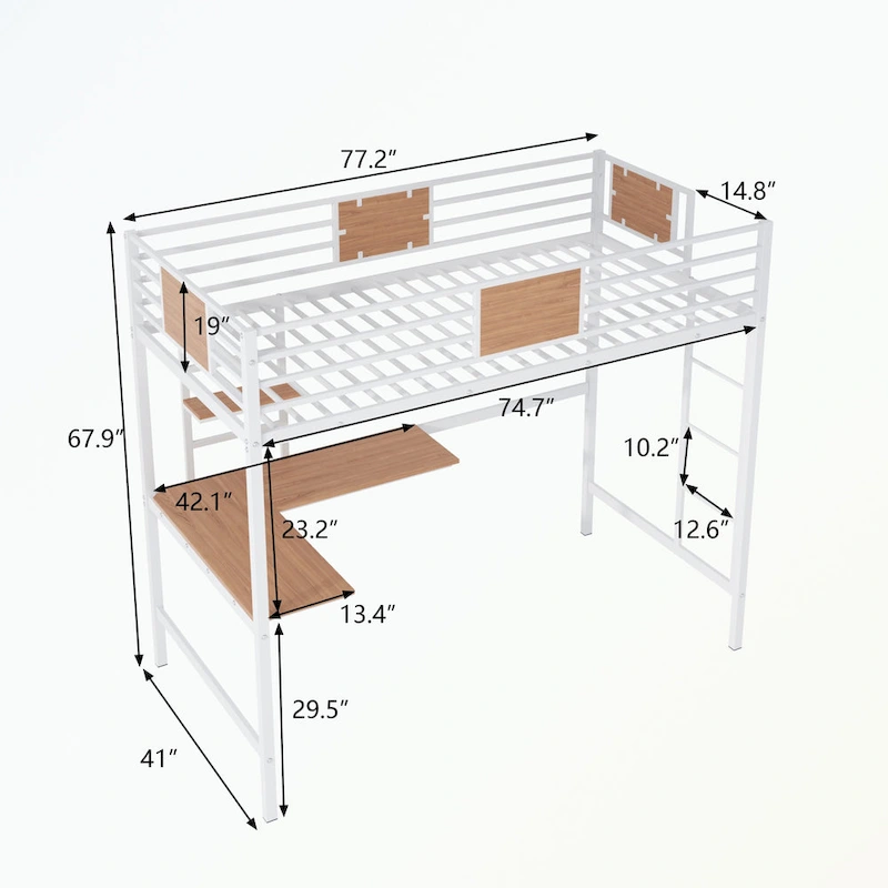 Twin Metal Loft Bed with Desk and Shelve