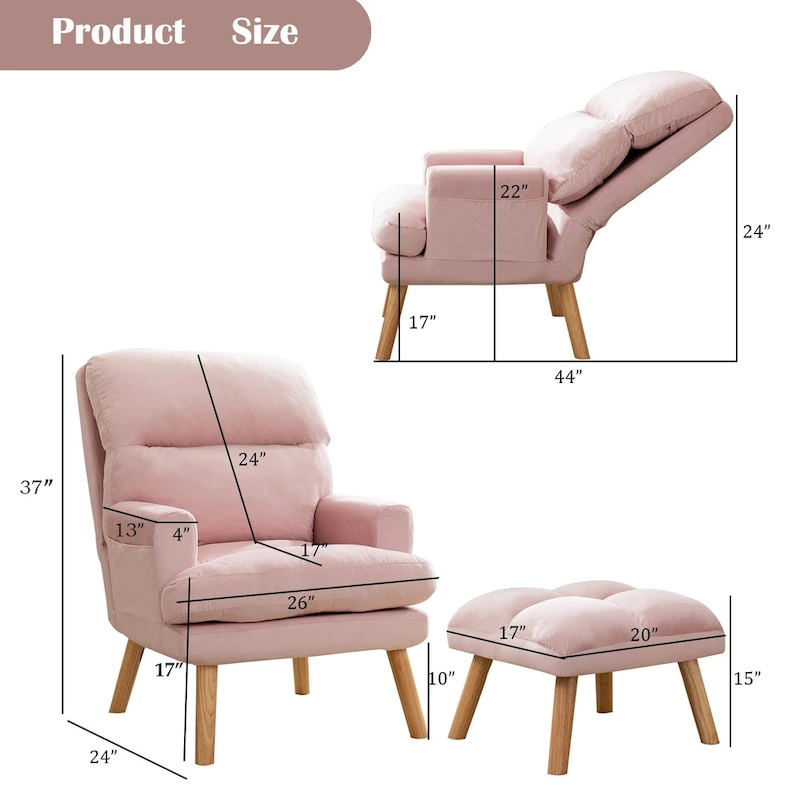 Velvet Fabric Armchair with Ottoman with Adjustable Backrest and Side Pockets