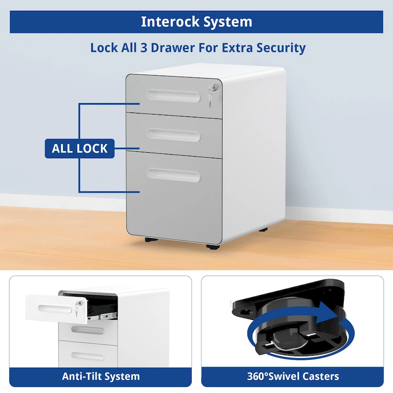 Modern 3-Drawer Mobile Vertical Steel File Cabinet