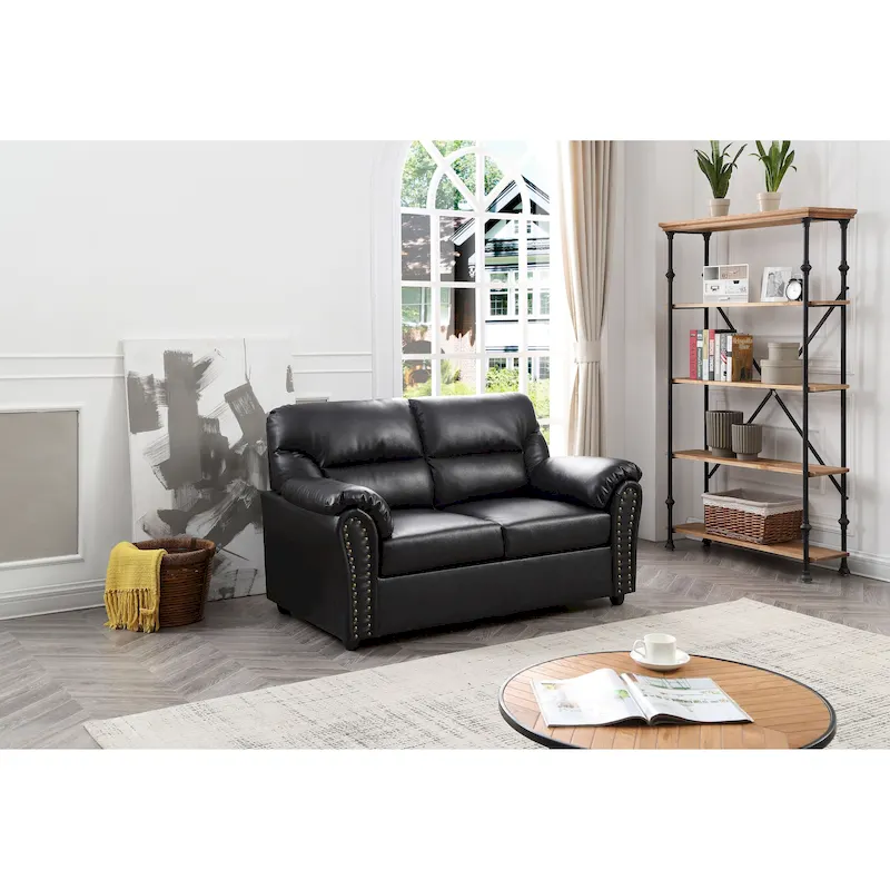 Black Contemporary Faux Leather Loveseat with Nailhead Trim & Pocketed Coil Seats – Seats 2