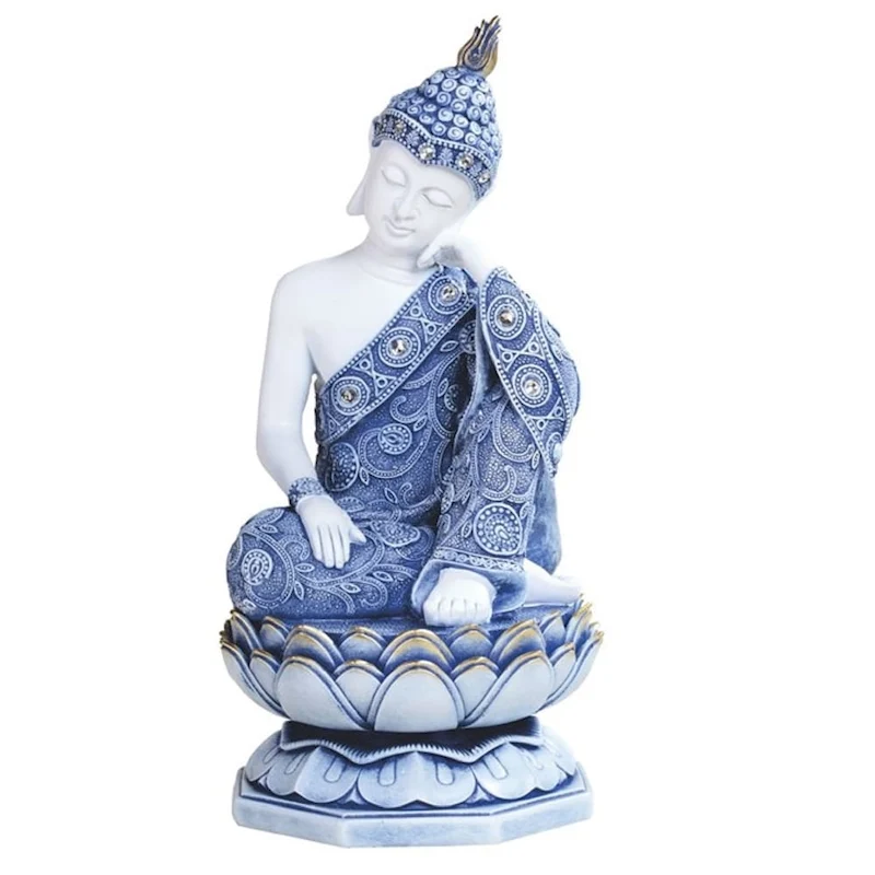 Q-Max 11 H Blue and White Thai Buddha on Lotus Seat Statue Feng Shui Decoration Religious Figurine