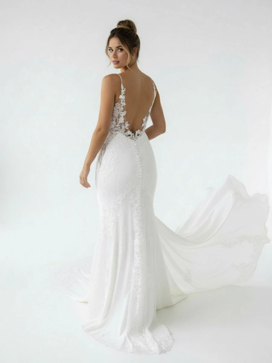 Mermaid V Neck Satin Wedding Dresses with Lace Appliques