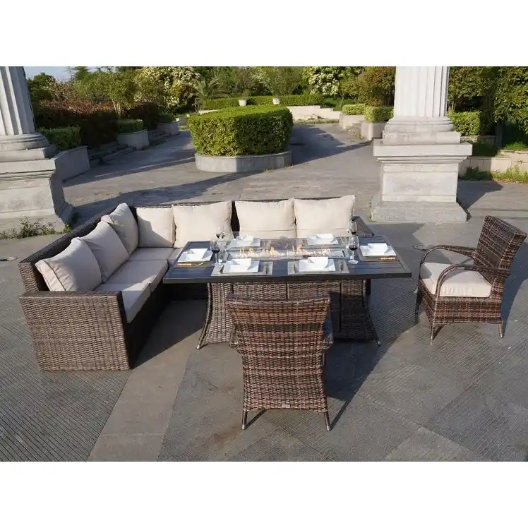 Patio Rattan Sofa Set with Alum Dining Table and Chairs