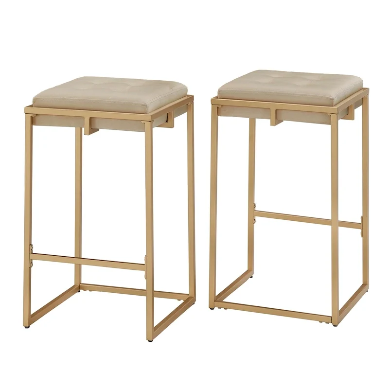 Backless Velvet Button-Tufted Bar Stool with Gold Metal Base & Footrest – Beige / Blue / Green, Counter / Bar Height