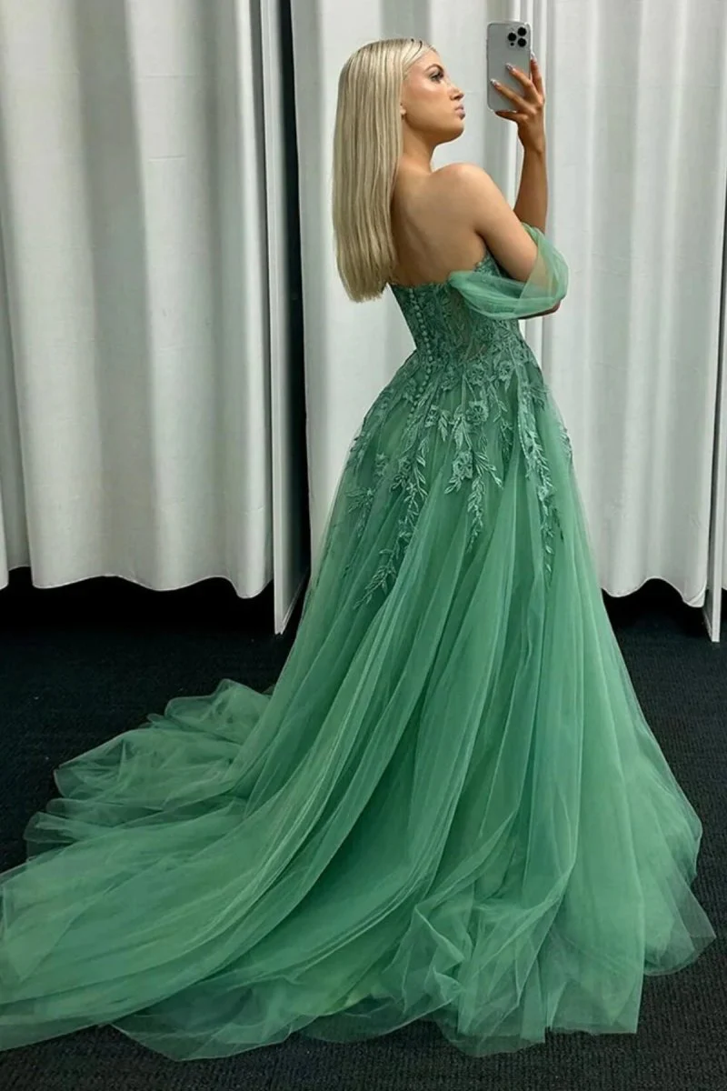 Off the Shoulder Mint Green Tulle Lace Prom Dresses with Appliques