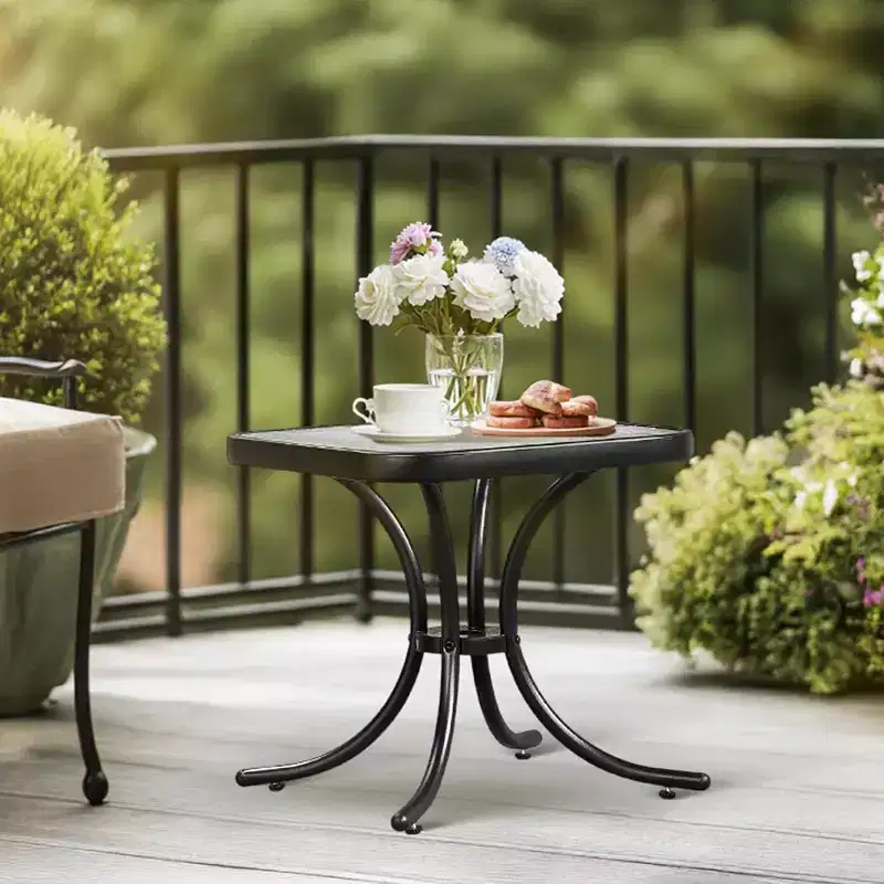 VINGLI Outdoor Side Table, 18 Patio Table Steel Frame Tempered Glass Top, Weatherproof Small Tables for Balcony Garden Poolside