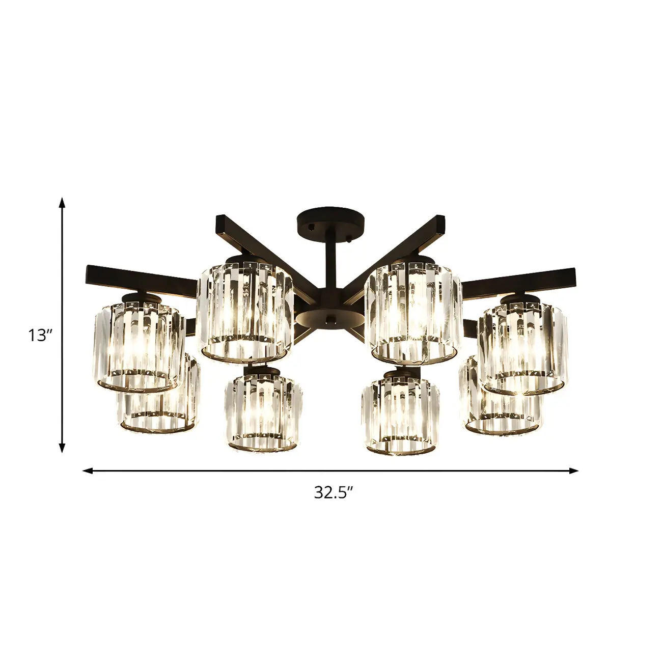 Modern Large Black Cylinder Crystal Semi Flush Ceiling Light