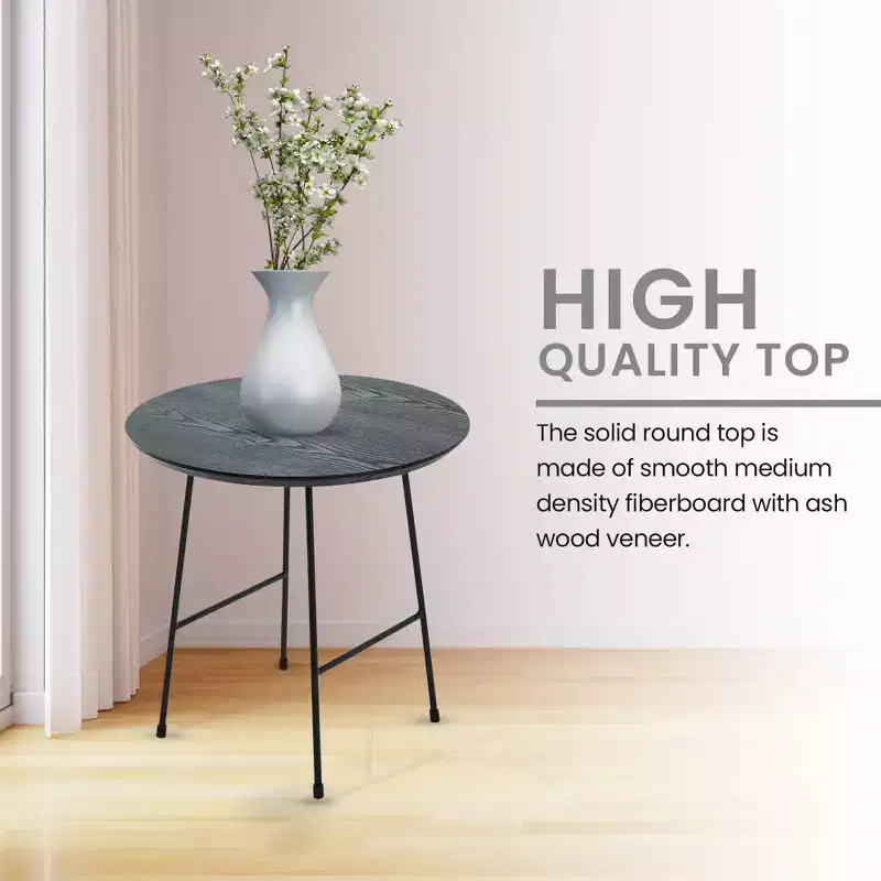 LeisureMod Rossmore Round Wood Veneer Side Table - Black Steel Frame
