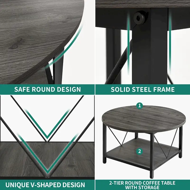 Moasis Industrial 2-Tier Round Coffee Table with Shelf