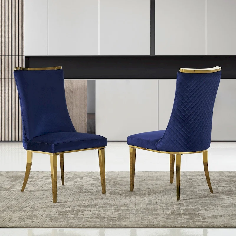 Velvet Dining Room Chairs with Reticulate Texture Back and Metal Trim Top