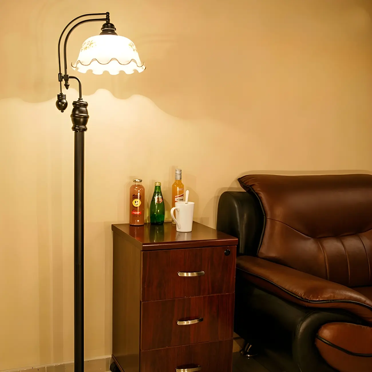 Vintage Rustic Black Metal Standing Floor Lamp with Glass Floral Shade