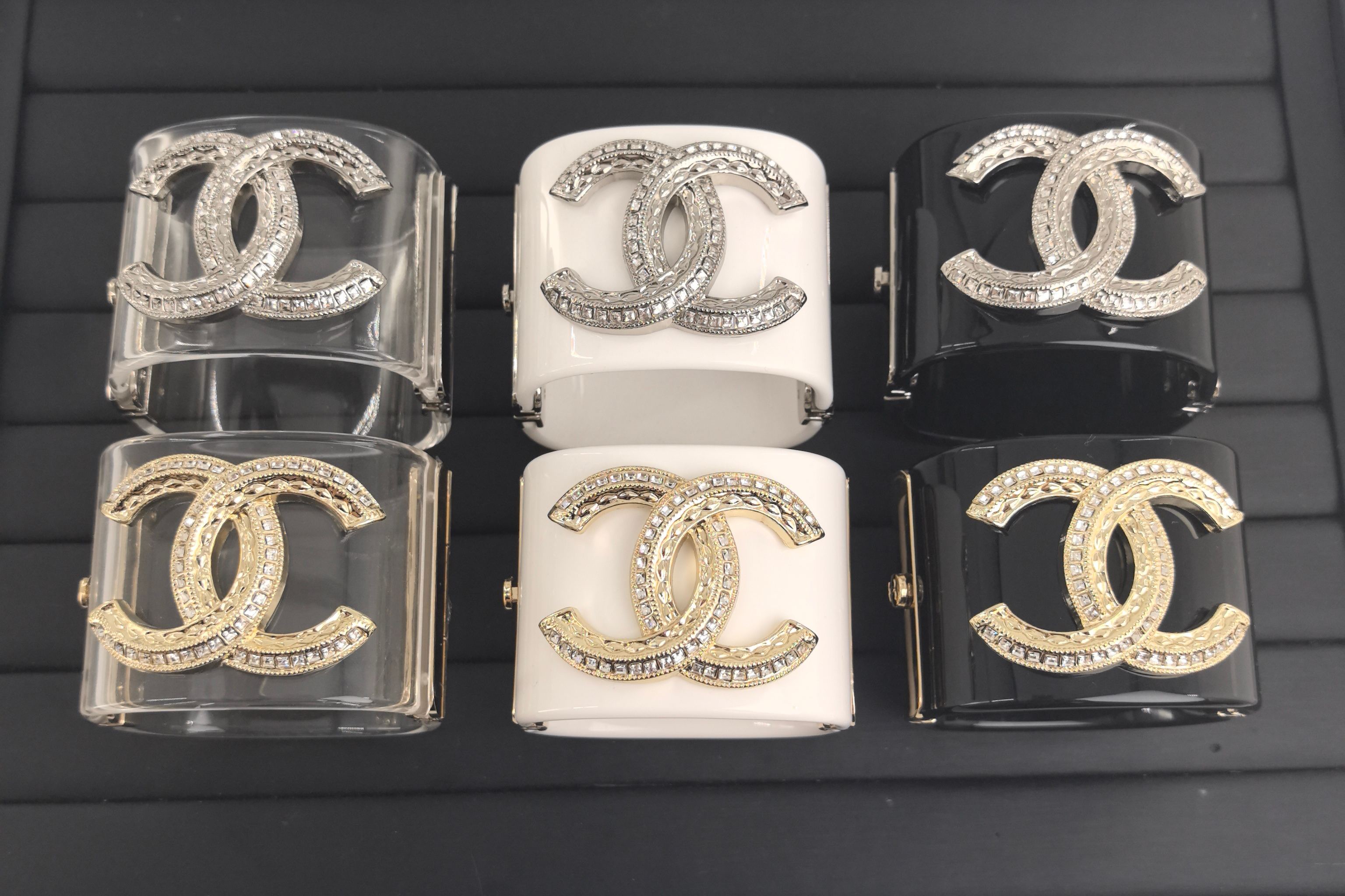 CCS063 Transparent acrylic with metal and crystal cc logo cuff bracelet Large - ccjewelryacc